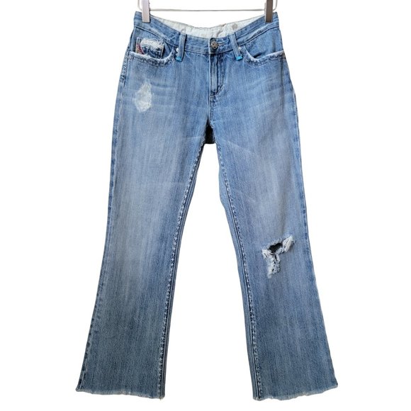 X-Ray Rainbow Embroidered Distressed Flare Denim Jeans - Picture 1 of 16